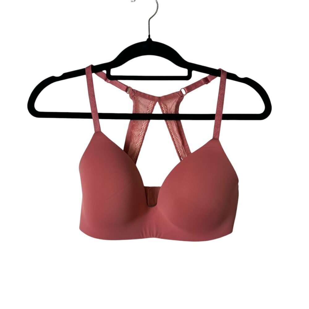 Victorias Secret 32DD No Wire Bra Lined Solid Pink Lace Wireless‎